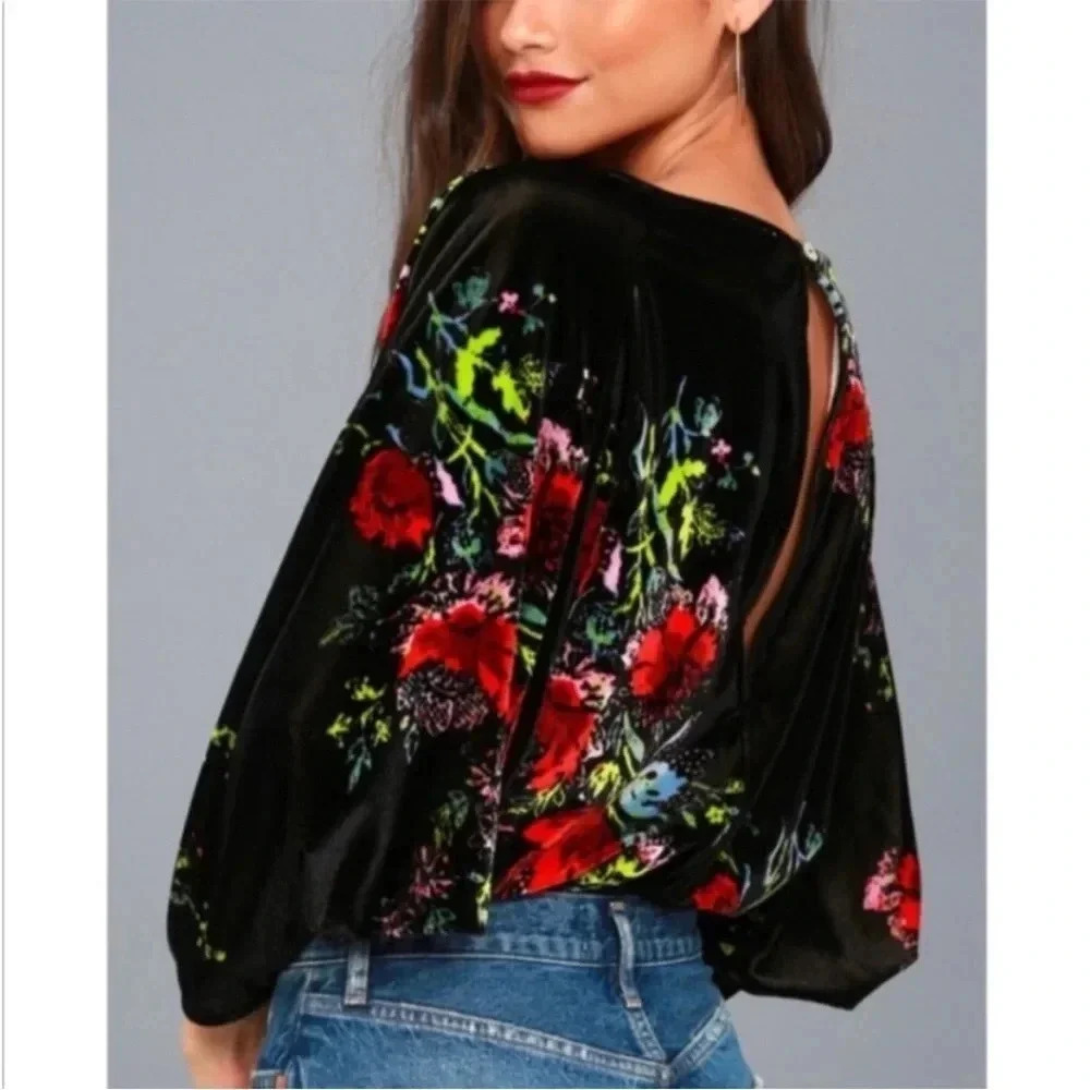 Free people floral velour slouchy babe bodysuit